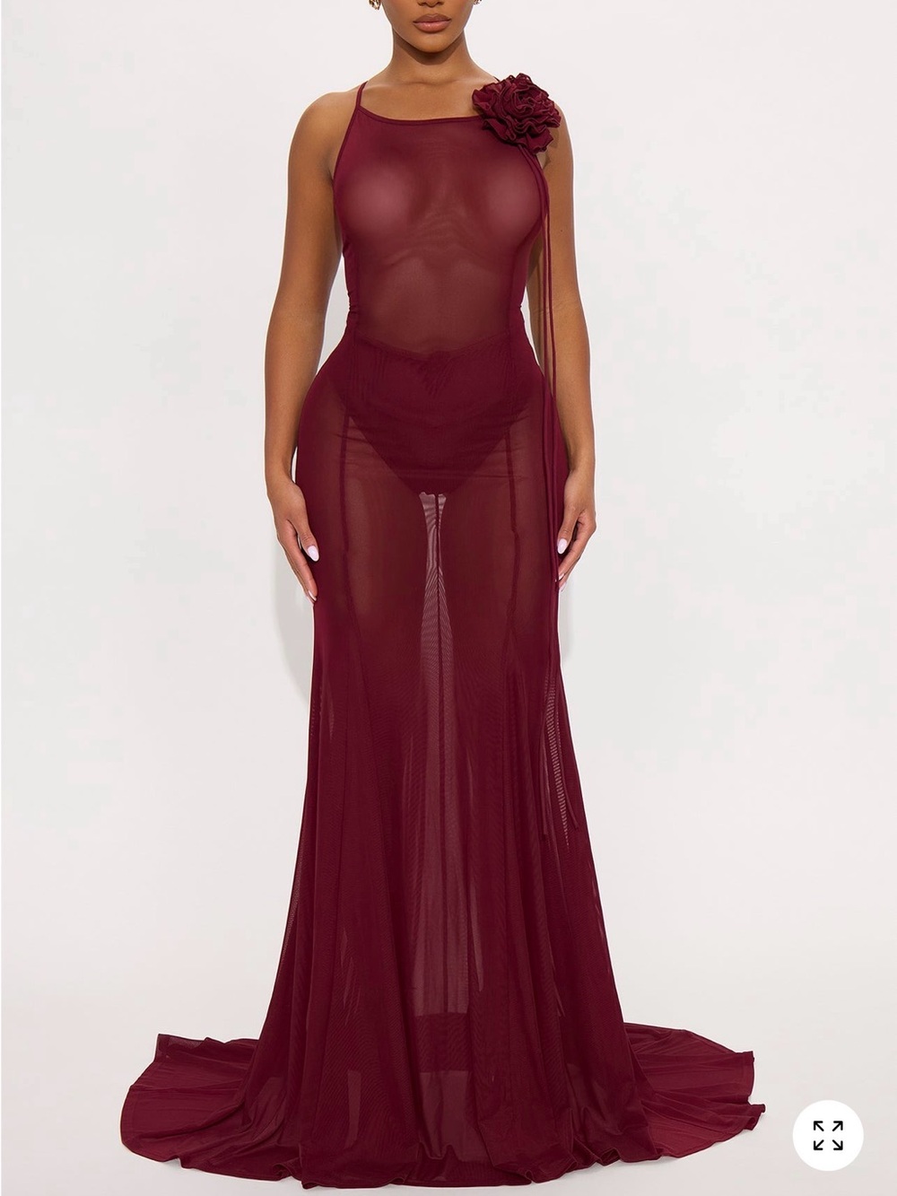 Fashion Nova Sheer Maxi Dress with Floral Shoulder Accent in Burgundy